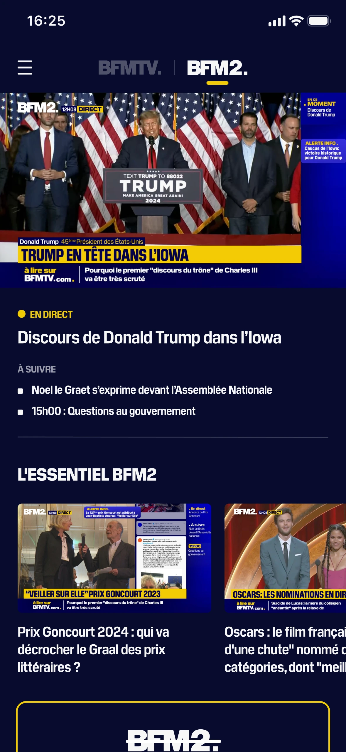 BFM2 tab in the BFMTV mobile app, with a live player, upcoming coverage and video thumbnails