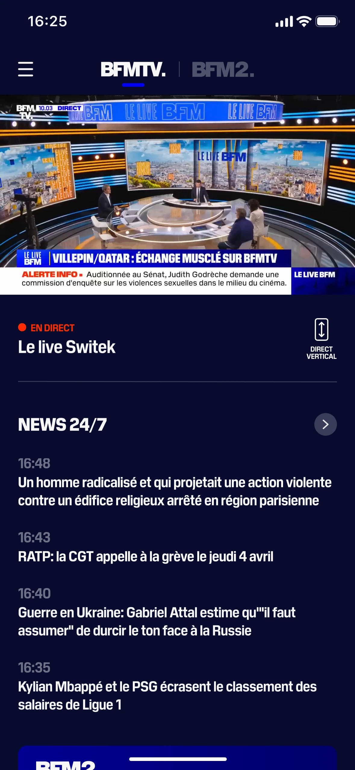 BFMTV tab in the same mobile app, showing the shared BFMTV and BFM2 channel navigation