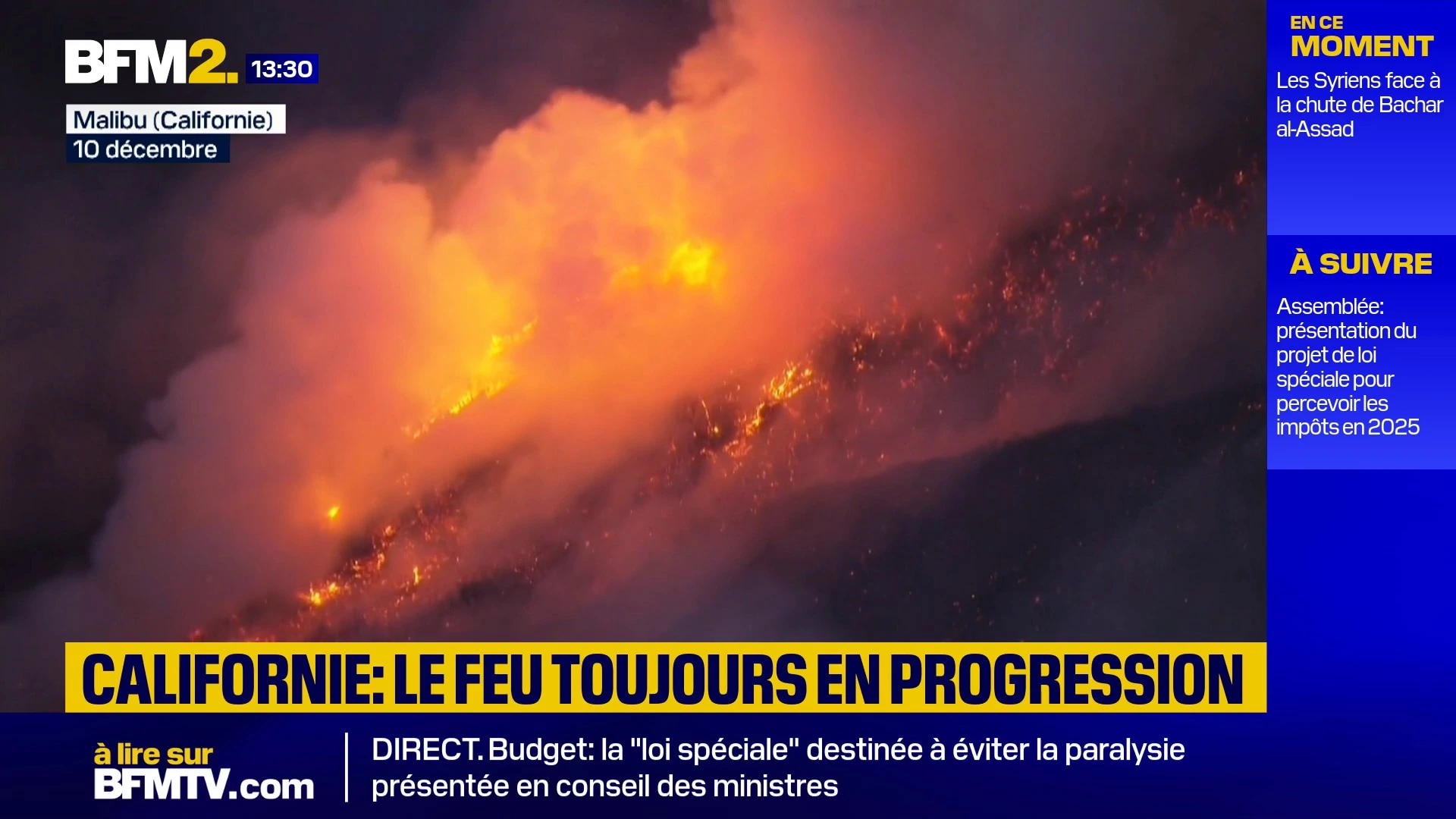 BFM2 wildfire coverage with image date, location, headline and programme information