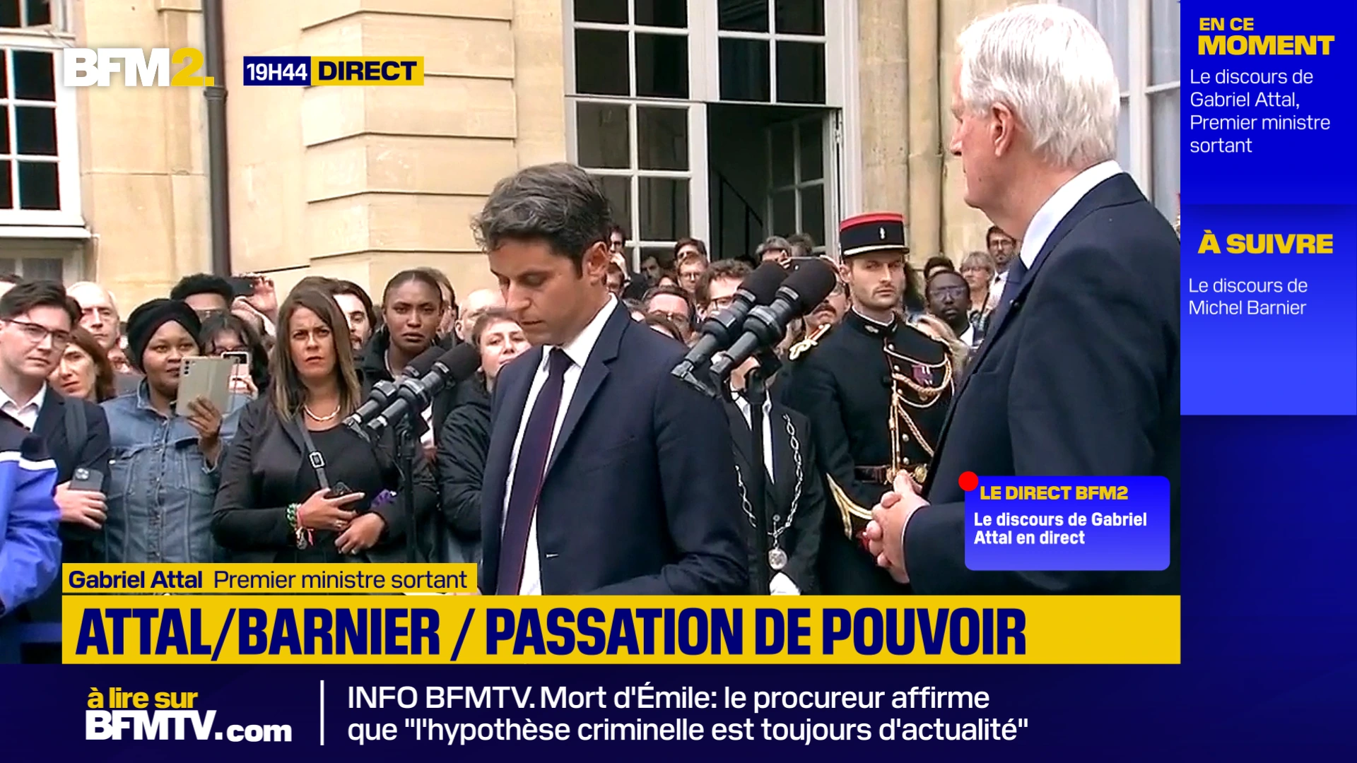 BFM2 political handover coverage with a live notification over the image