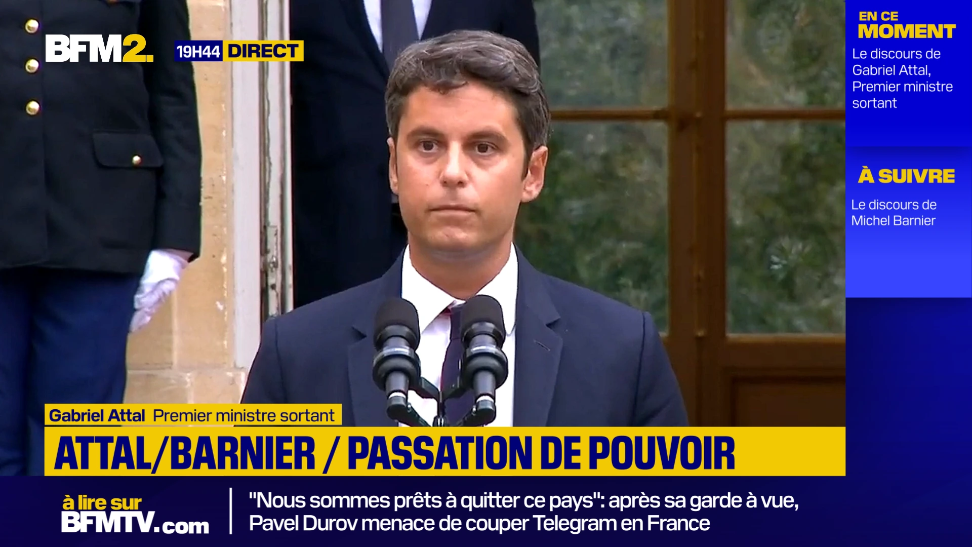 BFM2 political speech with a speaker caption, headline and persistent information column