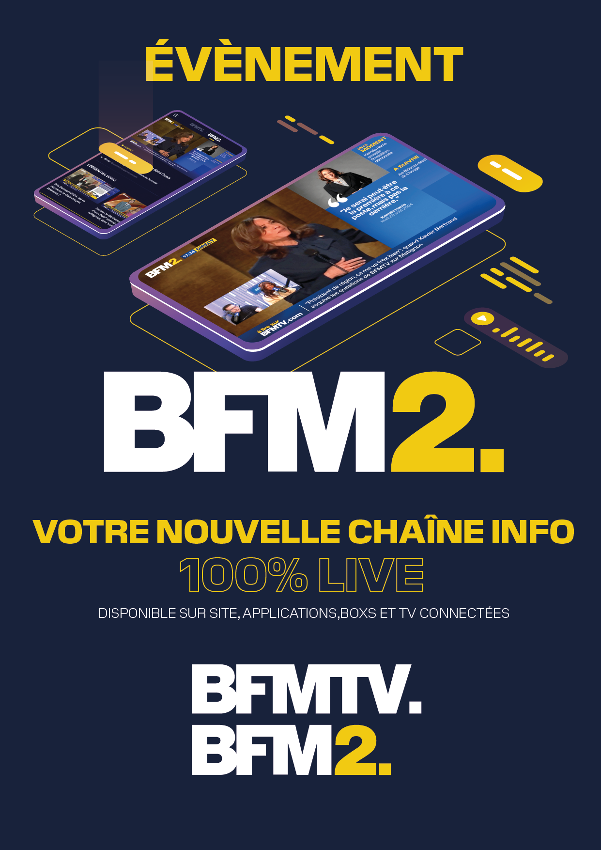 BFM2 launch poster announcing the live news channel across screens
