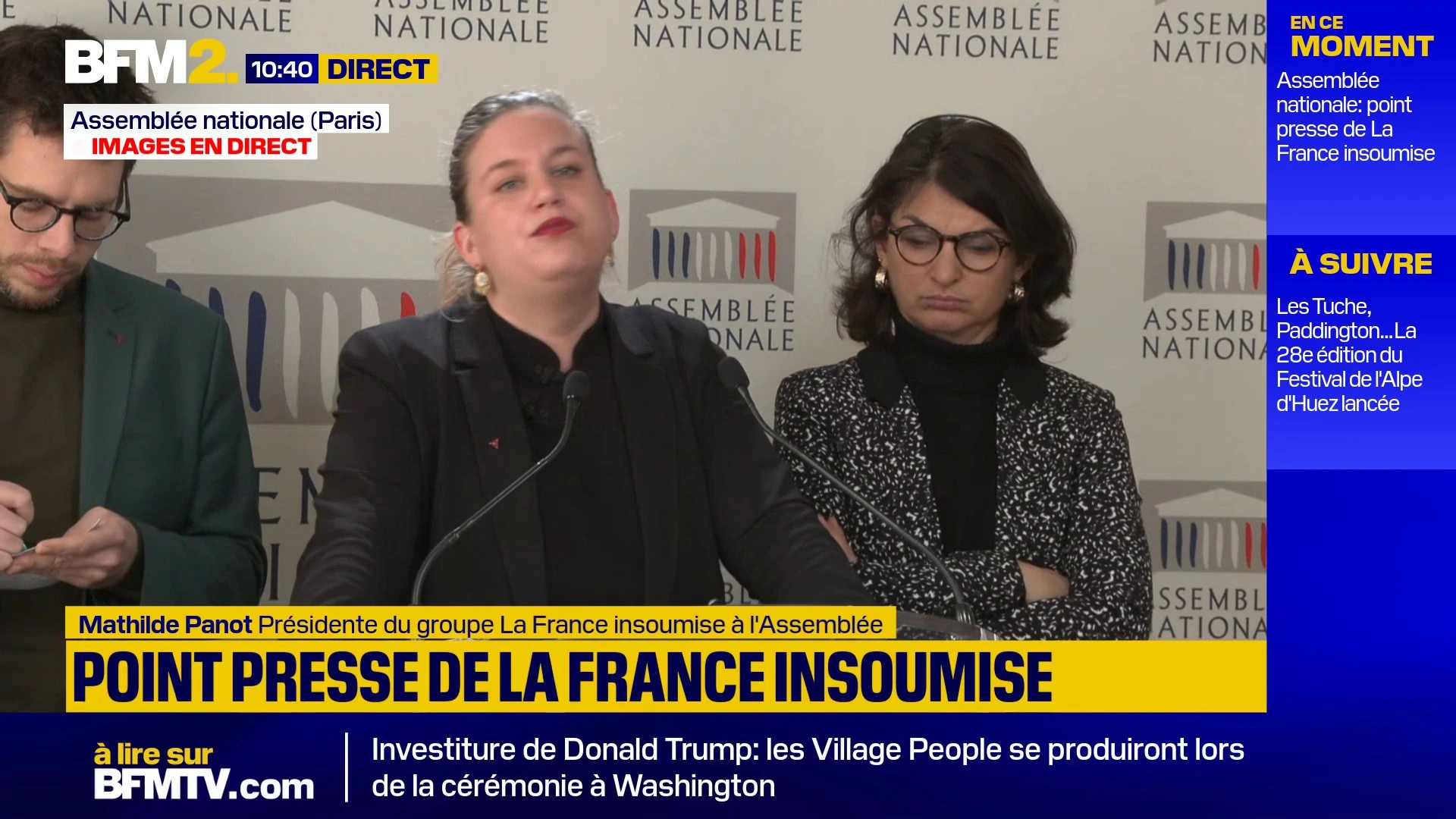 BFM2 press-conference coverage with a speaker caption, location and upcoming coverage
