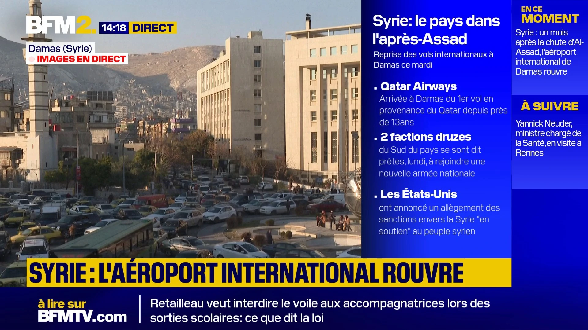 BFM2 live coverage from Damascus with an explanatory panel, headline and now and next column