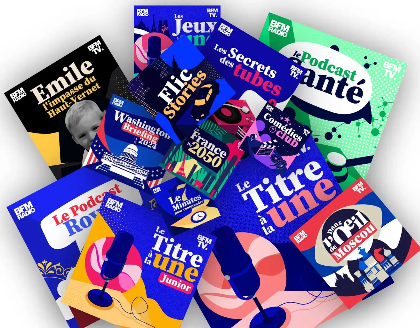 BFMTV podcast visual identities arranged as an editorial patchwork