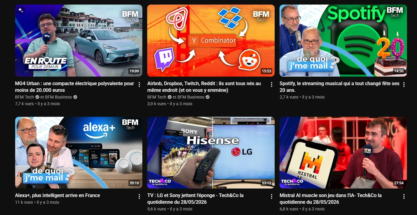 Tech and Co YouTube thumbnails for De quoi j’me mail and En Route Pour Demain