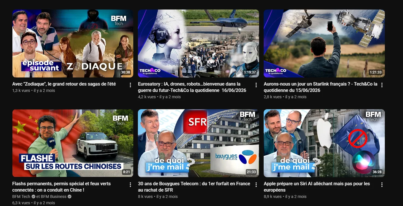 Tech and Co YouTube thumbnails for news, mobility and technology